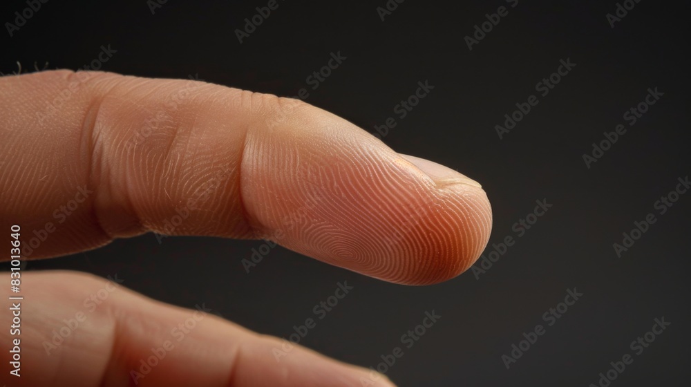 Finger with friction ridges on dark background, macro view