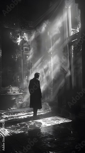 Black and white photo of a lone figure in a dark city  silhouette bathed in light from an open doorway