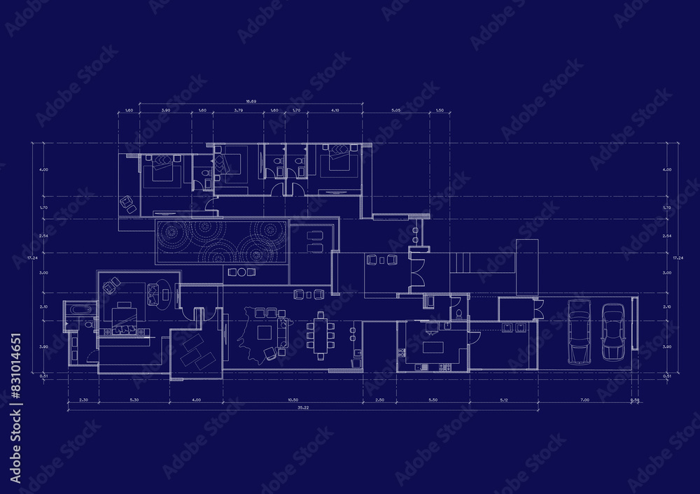 Floor plan designed building on the drawing. Floor plan designed building on the drawing.