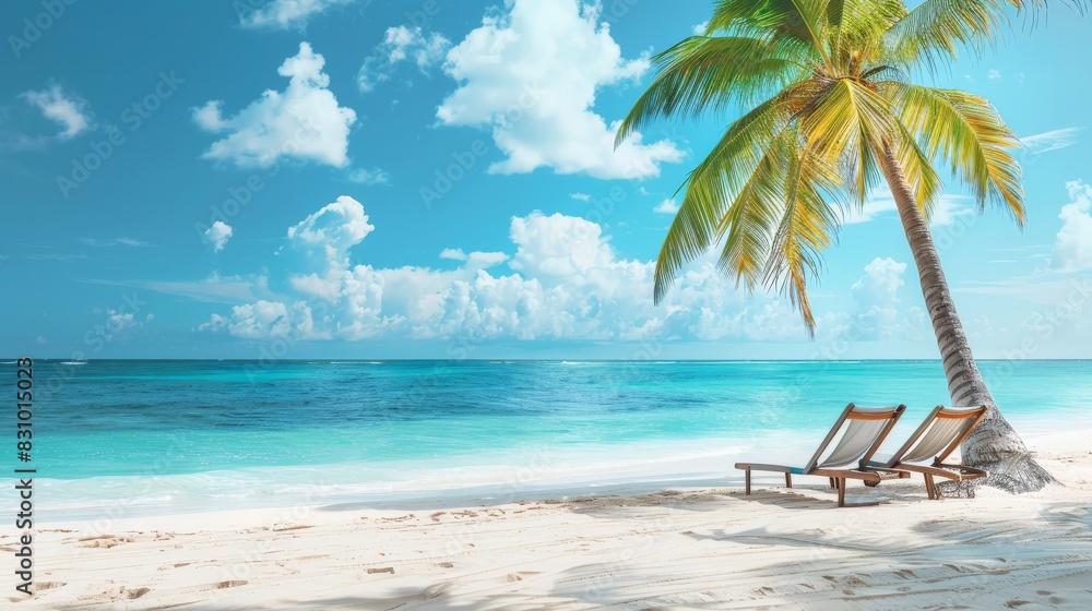 A beautiful tropical beach with palm trees, white sand and two sun loungers on a background of turquoise ocean and blue sky with clouds.
