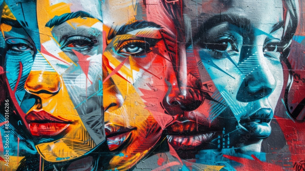 A graffiti wall, celebration of LGBTQ culture, mix of portraits and symbols, vibrant and energetic. Urban street setting. Detailed and vivid graffiti, bright lighting enhancing colors, subtle shadows