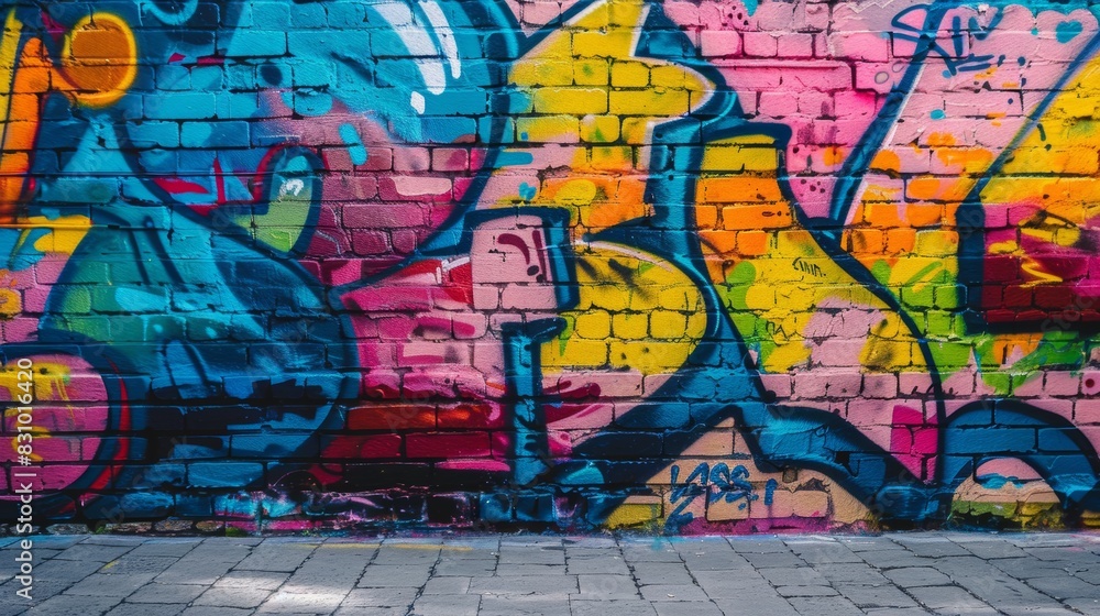 Fototapeta premium A graffiti wall, LGBTQ symbols and messages, bold and dynamic, rainbow colors and abstract patterns. Background of a city alley. Crisp graffiti details, colorful lighting illuminating the wall,