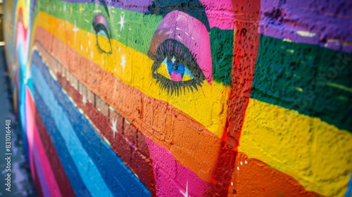 A graffiti wall, celebration of LGBTQ culture, mix of portraits and symbols, vibrant and energetic. Urban street setting. Detailed and vivid graffiti, bright lighting enhancing colors, subtle shadows