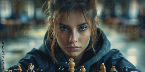 A woman strategizing and making a move in a game of chess boxing photo