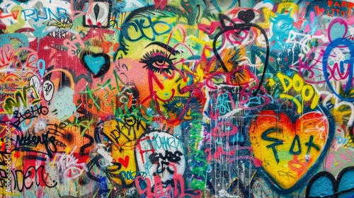 A graffiti wall  celebration of LGBTQ culture  mix of portraits and symbols  vibrant and energetic. Urban street setting. Detailed and vivid graffiti  bright lighting enhancing colors  subtle shadows