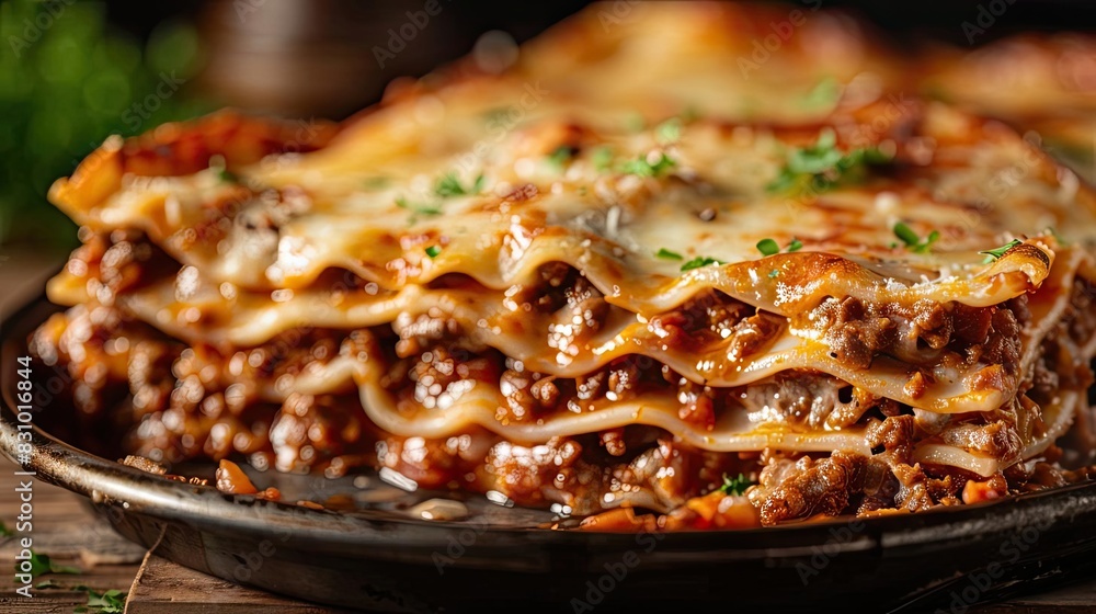 Close-up of delicious, freshly baked lasagna with layers of pasta, rich meat sauce, and melted cheese, perfect for an Italian meal. Close-up of delicious, freshly baked lasagna with layers of pasta, rich meat sauce, and melted cheese, perfect for an Italian meal.