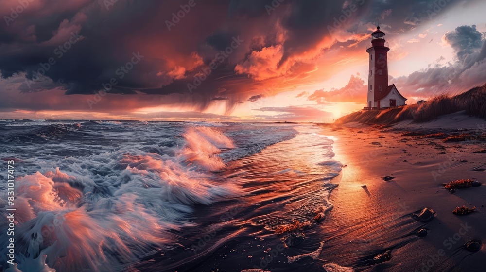 Dramatic sunset over a stormy sea with crashing waves and a lighthouse standing tall on the shore, casting a warm glow in the evening light. Dramatic sunset over a stormy sea with crashing waves and a lighthouse standing tall on the shore, casting a warm glow in the evening light.