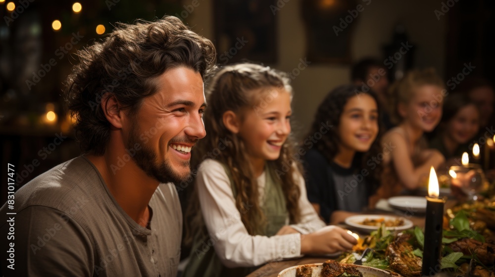 Fototapeta premium A happy family is having a great time while enjoying a meal at a warmly lit, rustic restaurant
