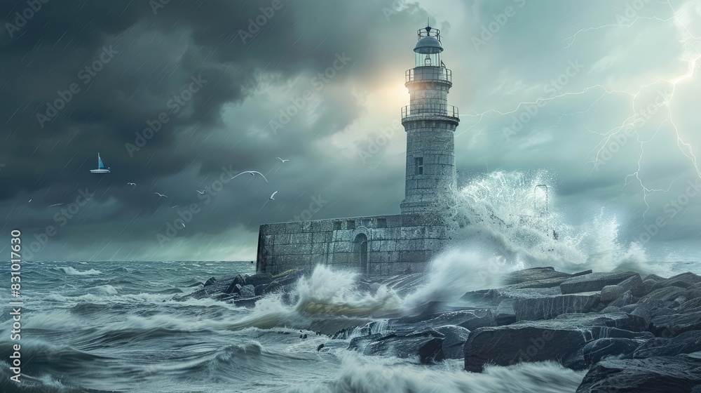 Dramatic lighthouse in stormy weather with crashing waves, dark clouds, and lightning, creating a powerful, moody seascape. Dramatic lighthouse in stormy weather with crashing waves, dark clouds, and lightning, creating a powerful, moody seascape.