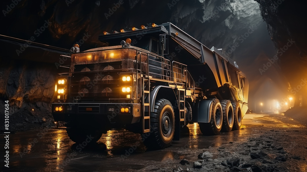 A large dump truck is operating in an underground mining environment with illuminated cave A large dump truck is operating in an underground mining environment with illuminated cave