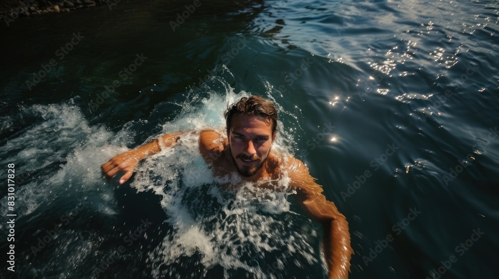 A fit man is captured in action swimming vigorously in the open water under the sunlight A fit man is captured in action swimming vigorously in the open water under the sunlight