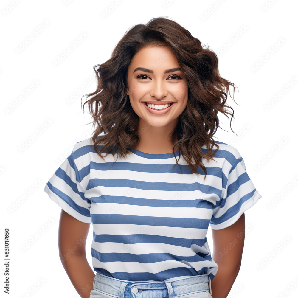 Front view close up of Latina woman dressed in a vibrant teal t-shirt and creamy white jeans isolated on a white transparent background Front view close up of Latina woman dressed in a vibrant teal t-shirt and creamy white jeans isolated on a white transparent background