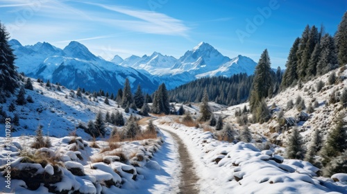 A picturesque snowy mountain trail with clear blue skies and prominent peaks in the background