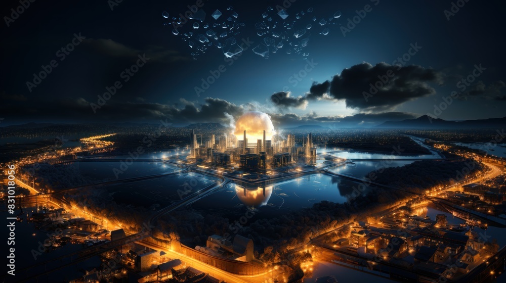 Concept art of a technologically advanced city with floating cubes and illuminated skyline at night Concept art of a technologically advanced city with floating cubes and illuminated skyline at night