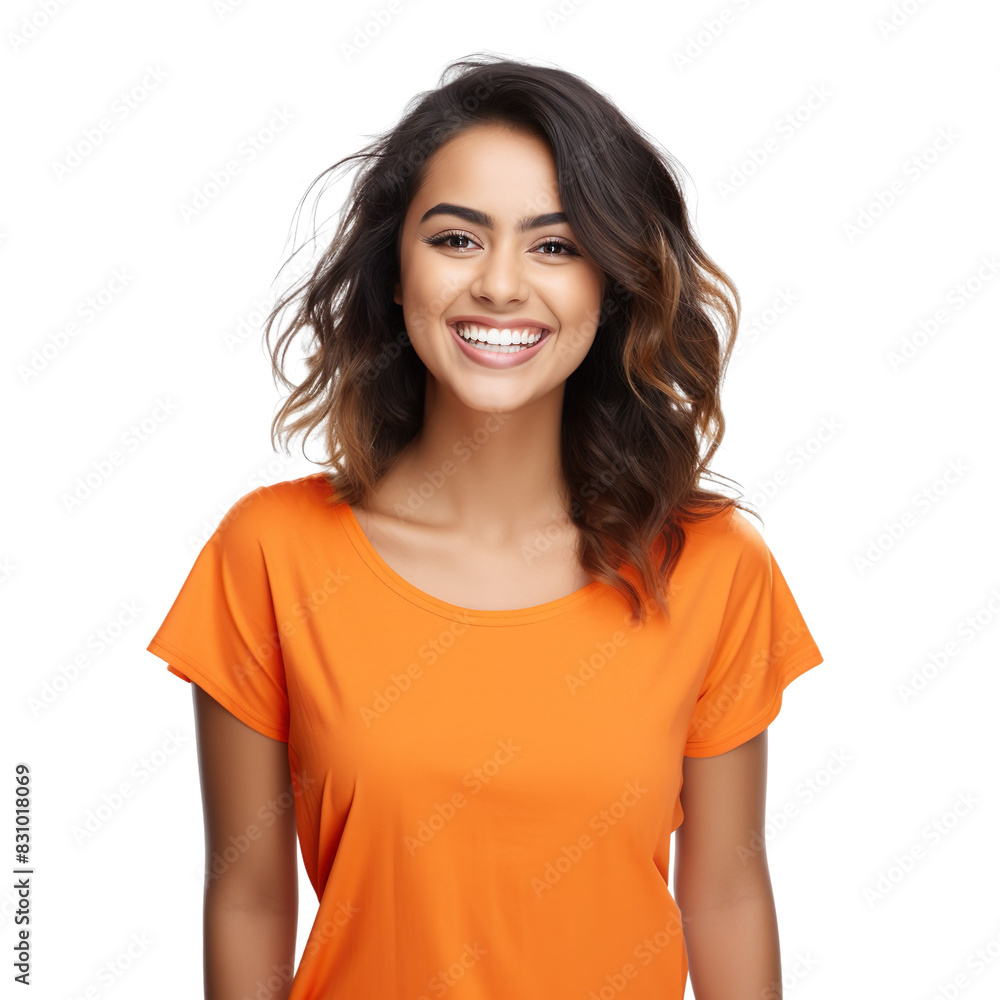 Front view close up of Latina woman dressed in a warm terracotta long-sleeve shirt and medium wash denim skirt isolated on a white transparent background Front view close up of Latina woman dressed in a warm terracotta long-sleeve shirt and medium wash denim skirt isolated on a white transparent background