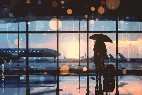  Traveler Protected by Magic Umbrella in Airport, Symbolizing Travel Insurance in COVID-19 Era photo