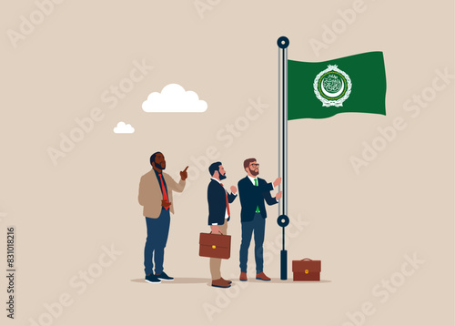 Business people in suit, male raising waving flag of Arab League. Vector illustration.
