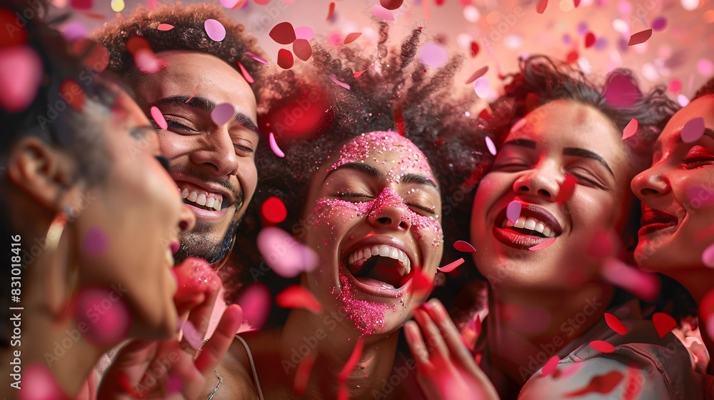 A photorealistic image of a diverse group of friends laughing and playfully blowing kisses to the camera. Confetti in shades of red and pink floats around them, creating a festive atmosphere.