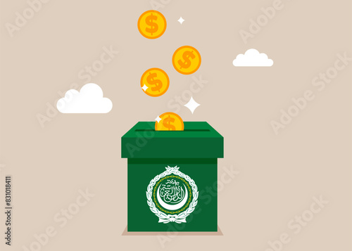 Dollar coins falling in a box with a League of Arab States. Charity fundraising and generosity.  Modern vector illustration in flat style
