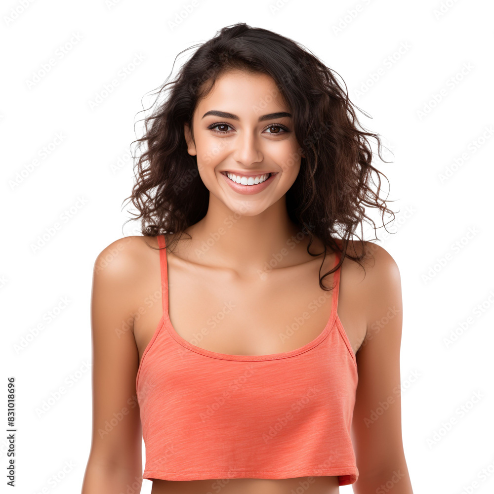 Front view mid shot of a beautiful Latin woman dressed in a coral tank top and denim cutoffs, isolated on a white transparent background Front view mid shot of a beautiful Latin woman dressed in a coral tank top and denim cutoffs, isolated on a white transparent background