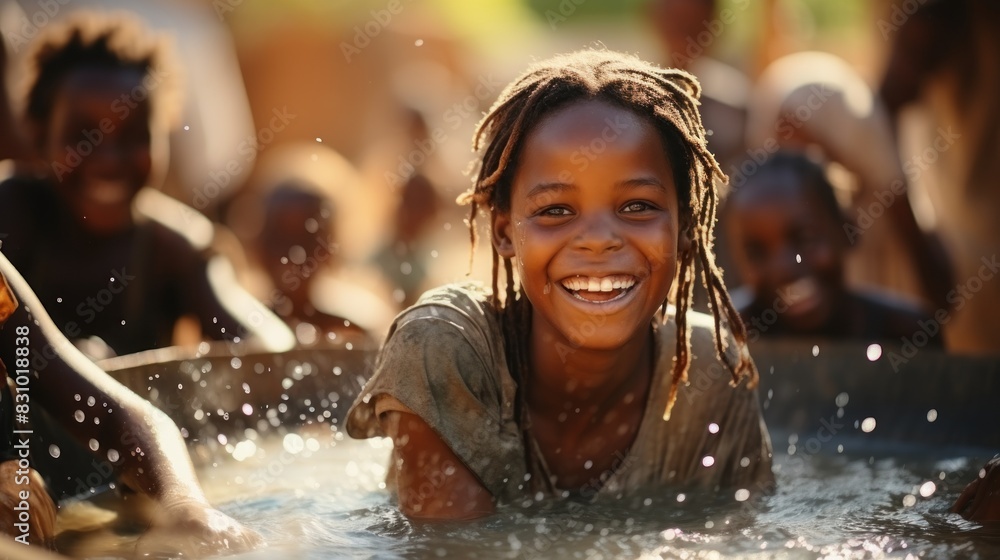 Laughing African girl enjoying playtime in water with her friends in a village setting, radiating pure joy