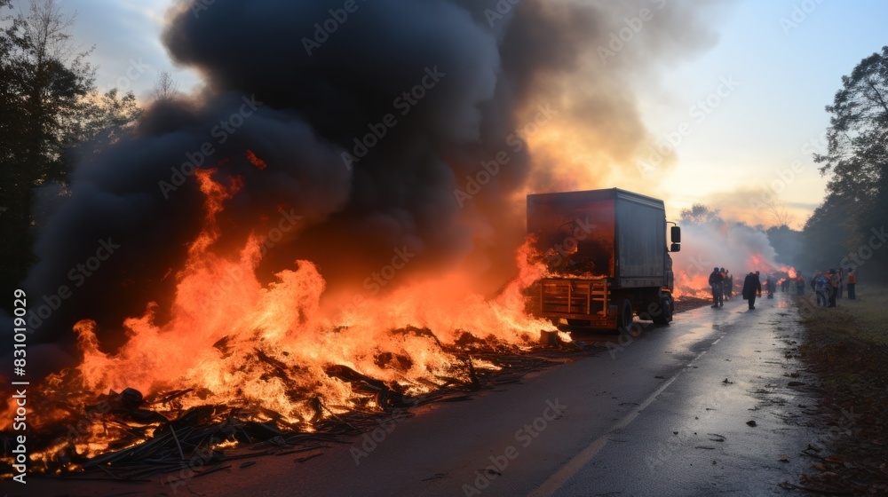 A large truck is engulfed in flames on a road with bystanders and smoke A large truck is engulfed in flames on a road with bystanders and smoke