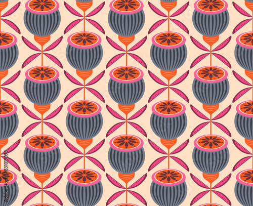Retro floral art deco poppy pods flowers plants blooms in mid century modern mcm or mid mod style seamless pattern in warm cream pink orange and gray colors