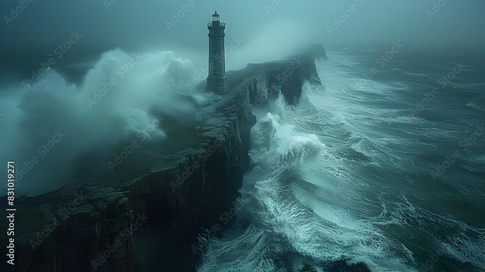 Stormy Atlantic Ocean Meeting a Minimalist Lighthouse on Brittanys Rocky Coast