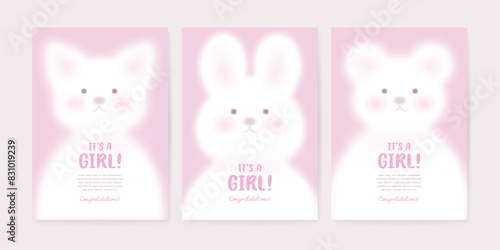 Baby girl shower greeting card, poster, banner or invitation design template with cartoon bear, bunny, kitten on pink background. It's a girl. Vector illustration