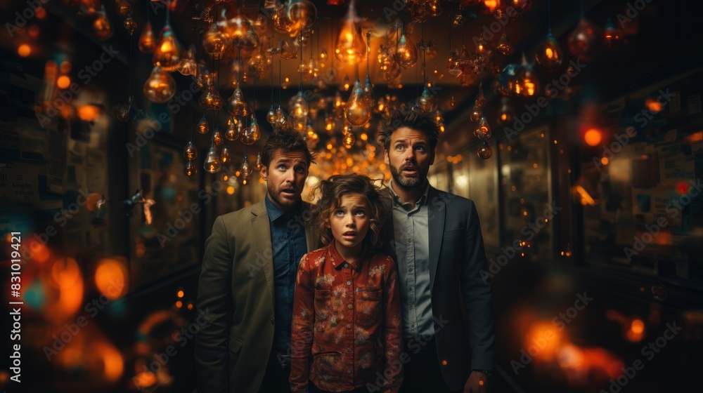 Two men and a child look surprised and intrigued under an array of glowing pendant lights Two men and a child look surprised and intrigued under an array of glowing pendant lights