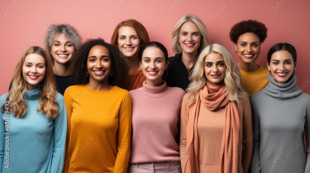 A group of ten multicultural women with different hairstyles and clothes smiling in front of a pink backdrop A group of ten multicultural women with different hairstyles and clothes smiling in front of a pink backdrop