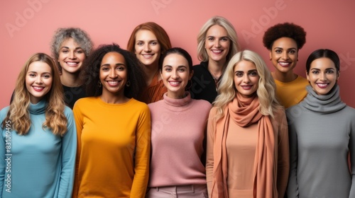 A group of ten multicultural women with different hairstyles and clothes smiling in front of a pink backdrop