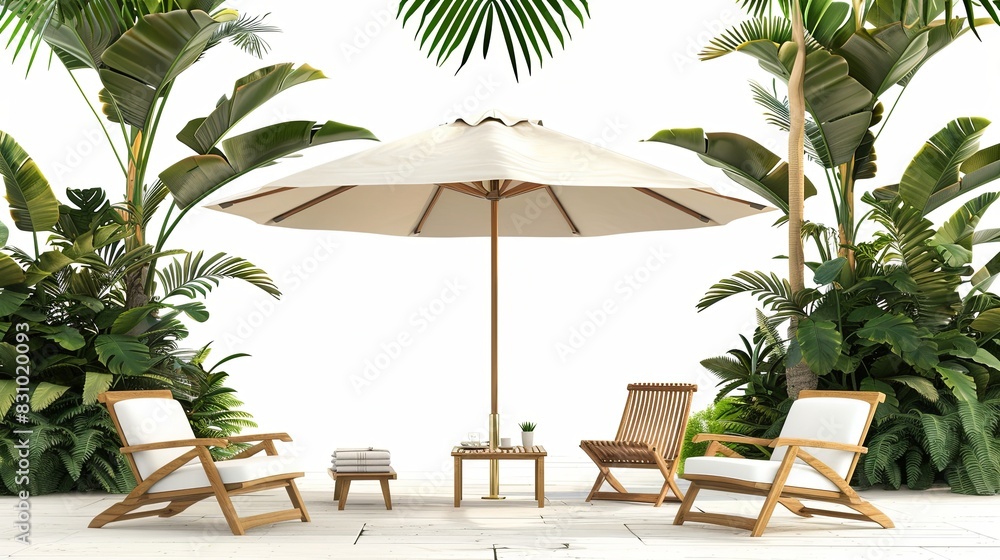Fototapeta premium outdoor terrace with umbrella and chairs. isolated on white background