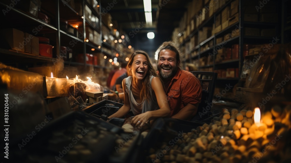 A laughing couple having a fun moment together while sitting inside a warehouse store surrounded by various items