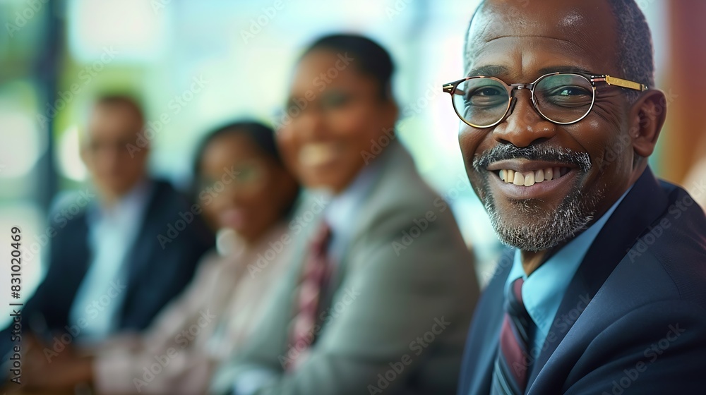 Proud mature black businessman smiling with colleagues sitting in a board room Portrait of happy successful executive with team working in background while looking at camera during mee : Generative AI Proud mature black businessman smiling with colleagues sitting in a board room Portrait of happy successful executive with team working in background while looking at camera during mee : Generative AI