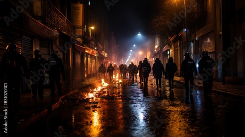 Ominous atmosphere as riot police march down a smoke-filled street with fires
