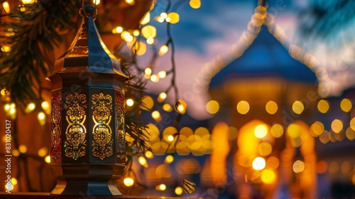 A traditional, ornate oriental lantern with beautiful festive lights and a mosque in the background - a holiday card. © nikola-master