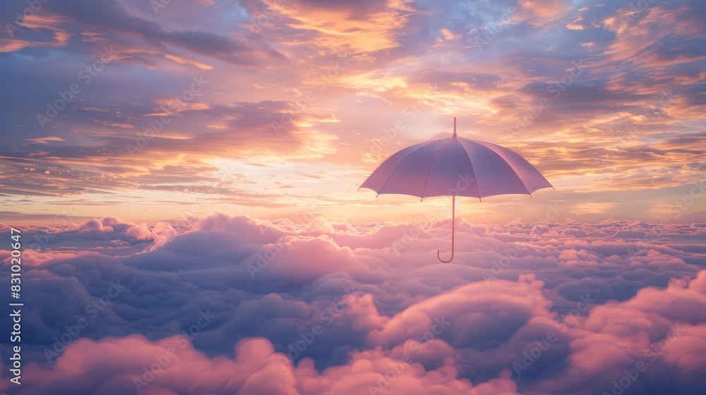 A white umbrella is flying through the sky above a cloudy, hazy day