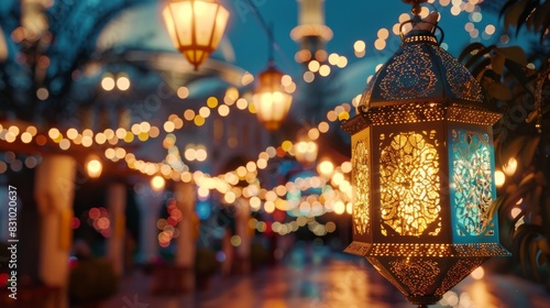 A traditional, ornate oriental lantern with beautiful festive lights and a mosque in the background - a holiday card.