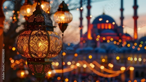 A traditional, ornate oriental lantern with beautiful festive lights and a mosque in the background - a holiday card.