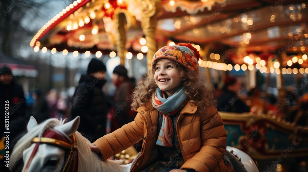 Little girl with curly hair enjoying a carousel ride at a festive outdoor fair