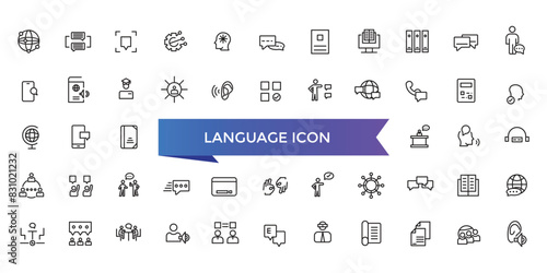 Language icon collection. Related to communication, translate, speech, non-verbal, writing, speaking, dictionary, text, language skills and vocabulary icons .