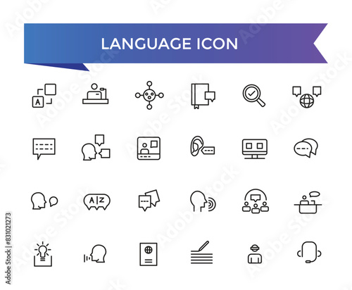 Language icon collection. Related to communication, translate, speech, non-verbal, writing, speaking, dictionary, text, language skills and vocabulary icons .
