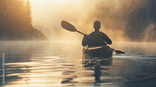 Wallpaper Mural Kayaker paddling through a misty lake at sunrise, capturing tranquility Torontodigital.ca