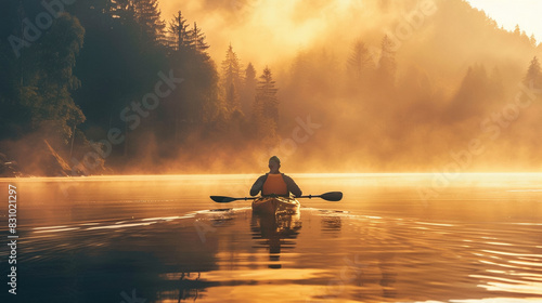Kayaker paddling through a misty lake at sunrise, capturing tranquility
