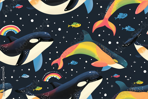 rainbow orca whale fish seamless pattern tropical kids party textile wallpaper illustration decoration