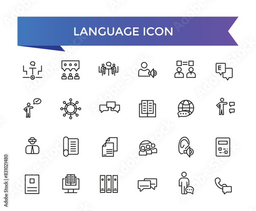 Language icon collection. Related to communication, translate, speech, non-verbal, writing, speaking, dictionary, text, language skills and vocabulary icons .