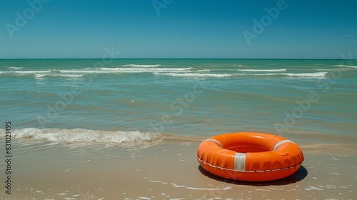 Orange lifebuoy floating in open sea. Symbol of safety, hope and rescue under wide sky