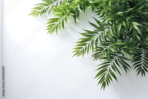 A simple light background with a blurred shadow of foliage on a white wall  creating a beautiful backdrop.