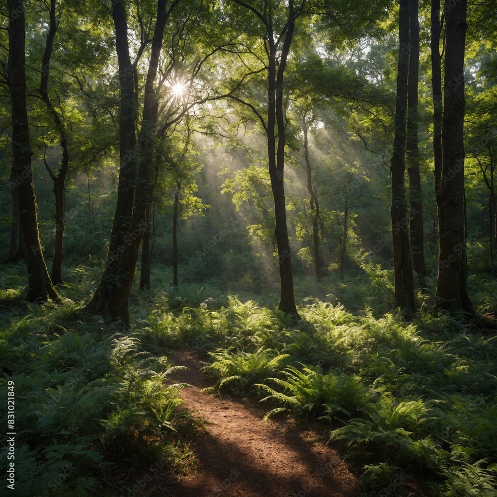 Fototapeta premium A tranquil forest glade, dappled with sunlight filtering through the canopy.